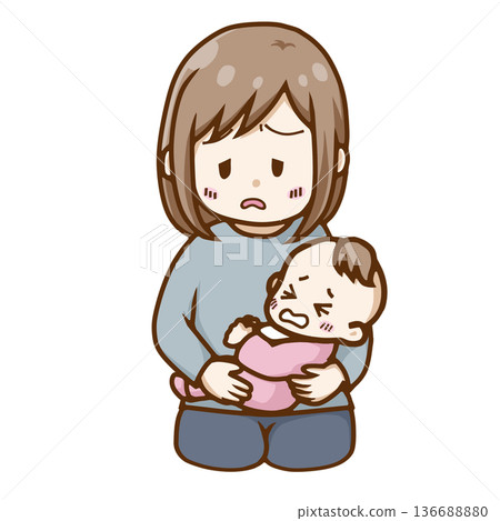 Illustration of a mother exhausted from holding a crying baby (night crying/childcare neurosis) Illustration of a mother exhausted from holding a crying baby (night crying/childcare neurosis) 136688880