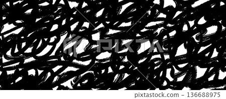 Seamless doodled brush stroke texture. Rough grunge sketched scrawl background. Repeated handdrawn abstract scribble pattern. Black bold pencil chalk or crayon squiggle strokes wallpaper. Vector Seamless doodled brush stroke texture. Rough grunge sketched scrawl background. Repeated handdrawn abstract scribble pattern. Black bold pencil chalk or crayon squiggle strokes wallpaper. Vector 136688975