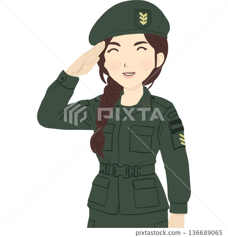 A smiling female soldier in uniform saluting with pride. The artwork highlights bravery, dedication, and leadership, representing women serving with honor and strength. 136689065