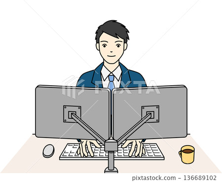 A man in a suit working efficiently with dual monitors 136689102