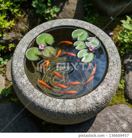 Goldfish floating in a water basin Goldfish floating in a water basin 136689457