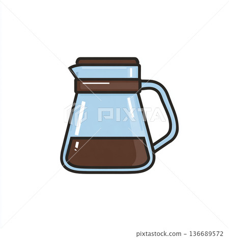 A clean, flat icon of a glass coffee press filled with rich brown coffee and bubbles, featuring bold black outlines and a simple, modern aesthetic on a white background. 136689572