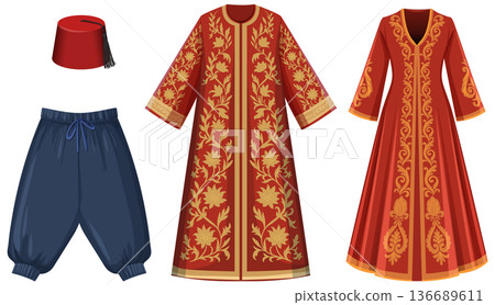 Traditional Turkish Clothing Set with Embroidered Robes and Fez Traditional Turkish Clothing Set with Embroidered Robes and Fez 136689611