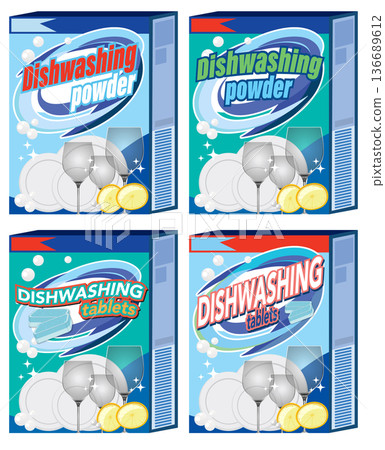 Dishwashing Powder and Tablets Packaging Vector Set 136689612