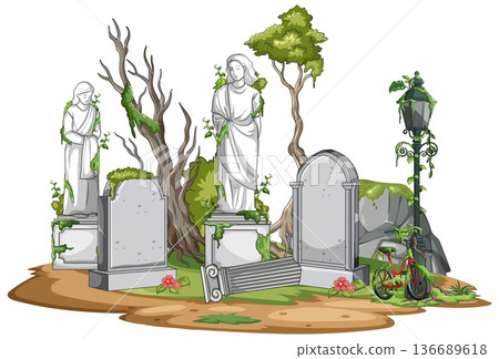 Overgrown Cemetery Statues in Abandoned Garden Landscape 136689618