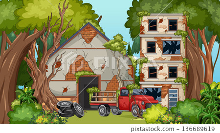 Abandoned Buildings and Rusty Truck in Overgrown Forest Abandoned Buildings and Rusty Truck in Overgrown Forest 136689619