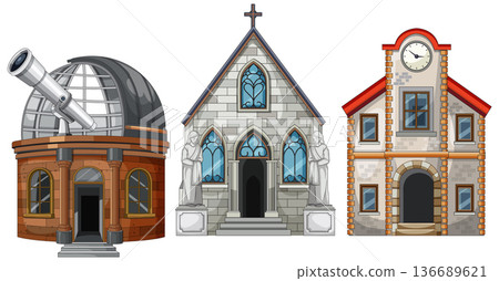 Cartoon Observatory, Church, and Clock Tower Building Icons 136689621