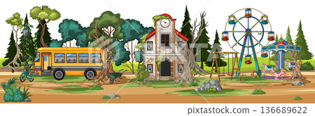 Abandoned Forest Amusement Park With Old School Bus 136689622