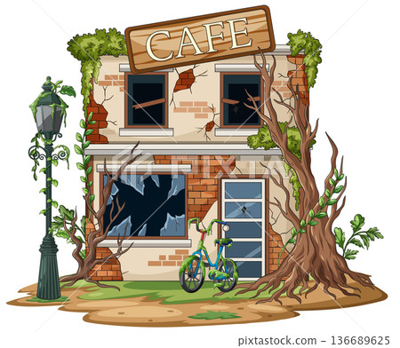 Abandoned Overgrown Cafe with Broken Windows and Bicycle Abandoned Overgrown Cafe with Broken Windows and Bicycle 136689625