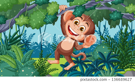 Smiling Cartoon Monkey Swinging on Jungle Vine Smiling Cartoon Monkey Swinging on Jungle Vine 136689627