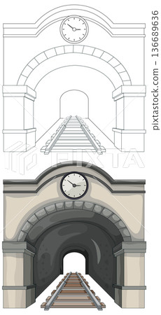 Railway Tunnel Entrance with Clock Front View Illustration 136689636