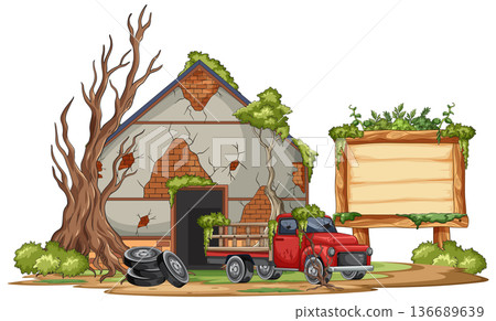 Abandoned Rural House With Rusty Truck and Signboard Abandoned Rural House With Rusty Truck and Signboard 136689639