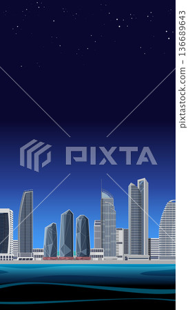 Modern City Skyline at Night with Starry Sky and Waterfront Modern City Skyline at Night with Starry Sky and Waterfront 136689643