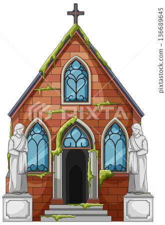Abandoned Brick Chapel With Moss and Statues Abandoned Brick Chapel With Moss and Statues 136689645