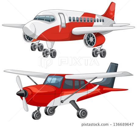Red Passenger Jet and Small Propeller Airplane Illustration Red Passenger Jet and Small Propeller Airplane Illustration 136689647