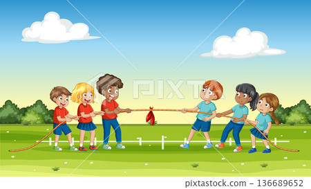 Diverse Group of Children Playing Tug of War in a Park 136689652