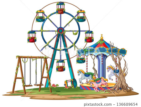 Abandoned Colorful Amusement Park With Rusty Ferris Wheel Abandoned Colorful Amusement Park With Rusty Ferris Wheel 136689654