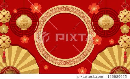 Chinese New Year Background with Golden Frame and Traditional Ornaments 136689655