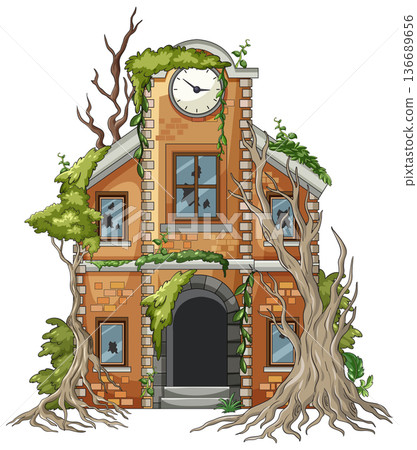 Overgrown Abandoned Brick House with Creeping Tree Roots 136689656