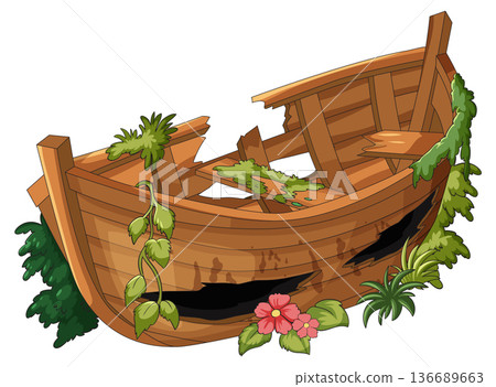 Abandoned Wooden Boat Overgrown With Plants and Moss Abandoned Wooden Boat Overgrown With Plants and Moss 136689663