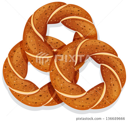 Three Crispy Turkish Simit Rings in Vector Illustration Three Crispy Turkish Simit Rings in Vector Illustration 136689666