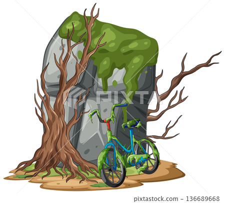 Abandoned Bicycle and Tree Beside Mossy Rock Abandoned Bicycle and Tree Beside Mossy Rock 136689668