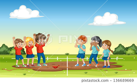Diverse Group of Children Playing Tug of War in Park 136689669
