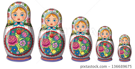 Five Traditional Russian Matryoshka Nesting Dolls in a Row Five Traditional Russian Matryoshka Nesting Dolls in a Row 136689675