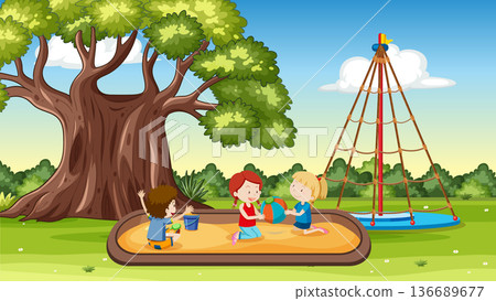 Children Playing Together in a Sandbox at a Sunny Outdoor Park Children Playing Together in a Sandbox at a Sunny Outdoor Park 136689677