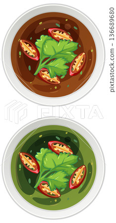 Top View of Spicy Asian Soups with Herbs and Chili 136689680