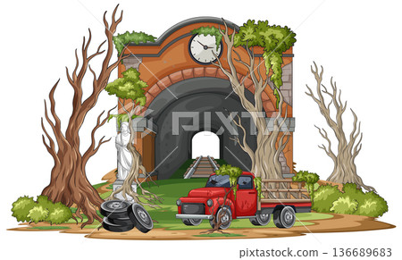 Abandoned Train Tunnel With Old Red Pickup Truck 136689683