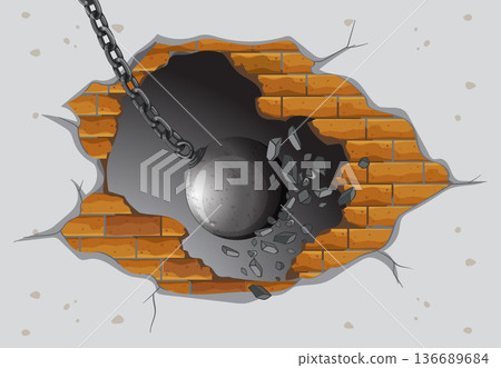 Wrecking Ball Smashing Through Brick Wall Vector Illustration 136689684