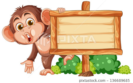 Cartoon Monkey Pointing at Blank Wooden Signboard 136689685