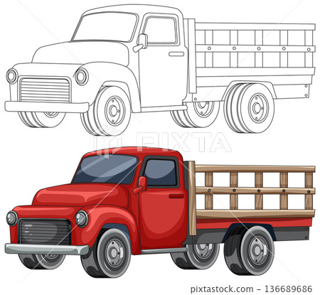 Vintage Red Pickup Truck Vector Illustration with Outline Vintage Red Pickup Truck Vector Illustration with Outline 136689686