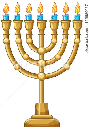 Golden Menorah with Seven Lit Candles Vector Illustration 136689687