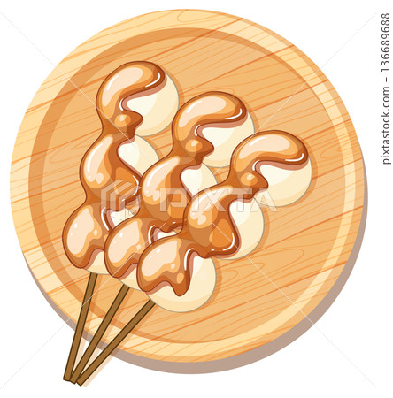Japanese Dango Skewers with Sweet Sauce on Wooden Plate 136689688
