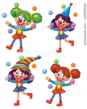 Colorful Cartoon Clown Girls Juggling Bubbles Set 136689689