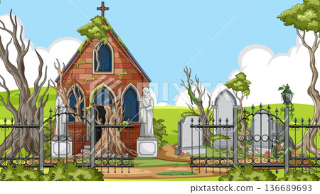 Abandoned Cemetery Chapel with Overgrown Trees and Statues 136689693
