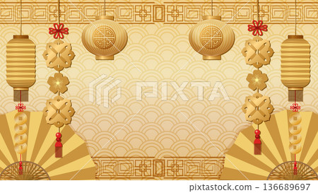 Traditional Golden Chinese New Year Background with Lanterns and Fans 136689697
