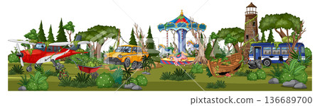 Abandoned Amusement Vehicles in Overgrown Forest Landscape 136689700