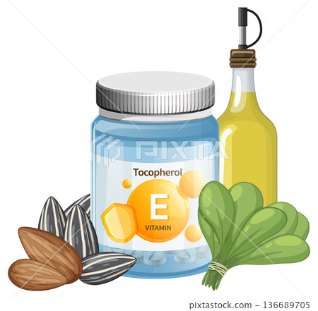 Vitamin E Sources with Supplement Bottle and Healthy Foods Vitamin E Sources with Supplement Bottle and Healthy Foods 136689705