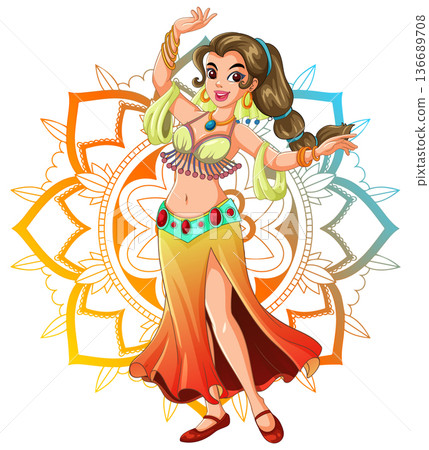 Smiling Belly Dancer Performing in Front of Mandala Pattern Smiling Belly Dancer Performing in Front of Mandala Pattern 136689708