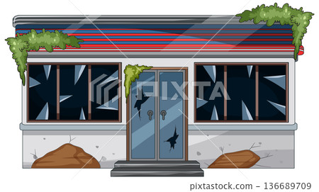 Abandoned Storefront With Broken Windows And Overgrown Vines 136689709