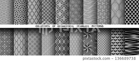 Geometric set of seamless black and gray patterns. Simple vector graphics 136689738