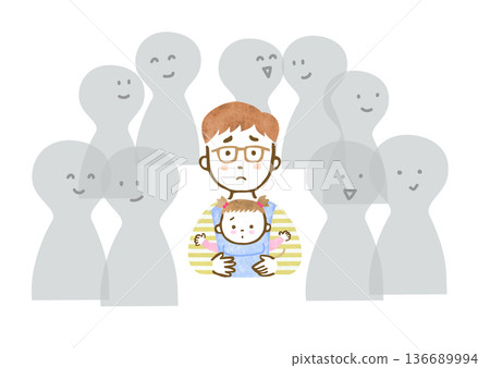 Illustration of a father feeling lonely while holding a young boy in a baby carrier Illustration of a father feeling lonely while holding a young boy in a baby carrier 136689994