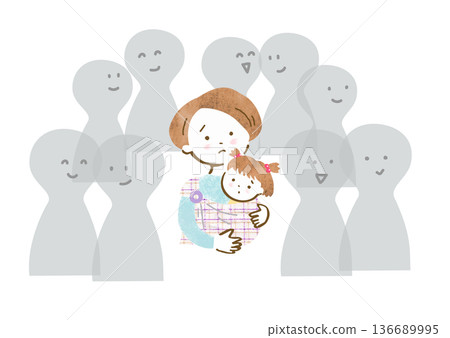 一幅插圖，描繪了一位孤獨的母親用背帶抱著她的小女兒。 136689995