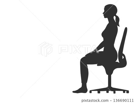 Silhouette of a woman sitting on a chair with correct posture, full body sideways, profile 136690111