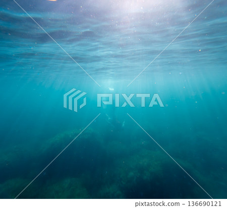 Underwater swimming sunlight swimmer with fins diving into the clear blue ocean with light rays filtering from the surface 136690121