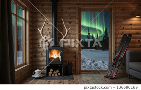 Aurora cabin fireplace cozy log hut interior with warm fire and stunning northern lights visible through the glass door 136690169