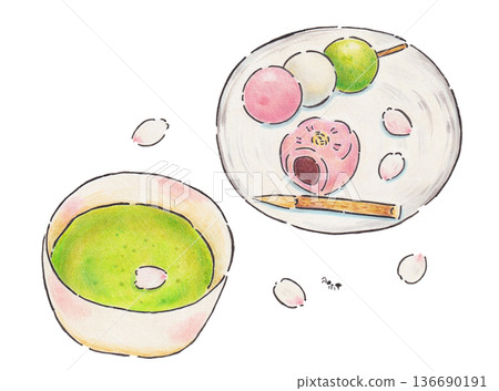Illustration of matcha and spring Japanese sweets Illustration of matcha and spring Japanese sweets 136690191